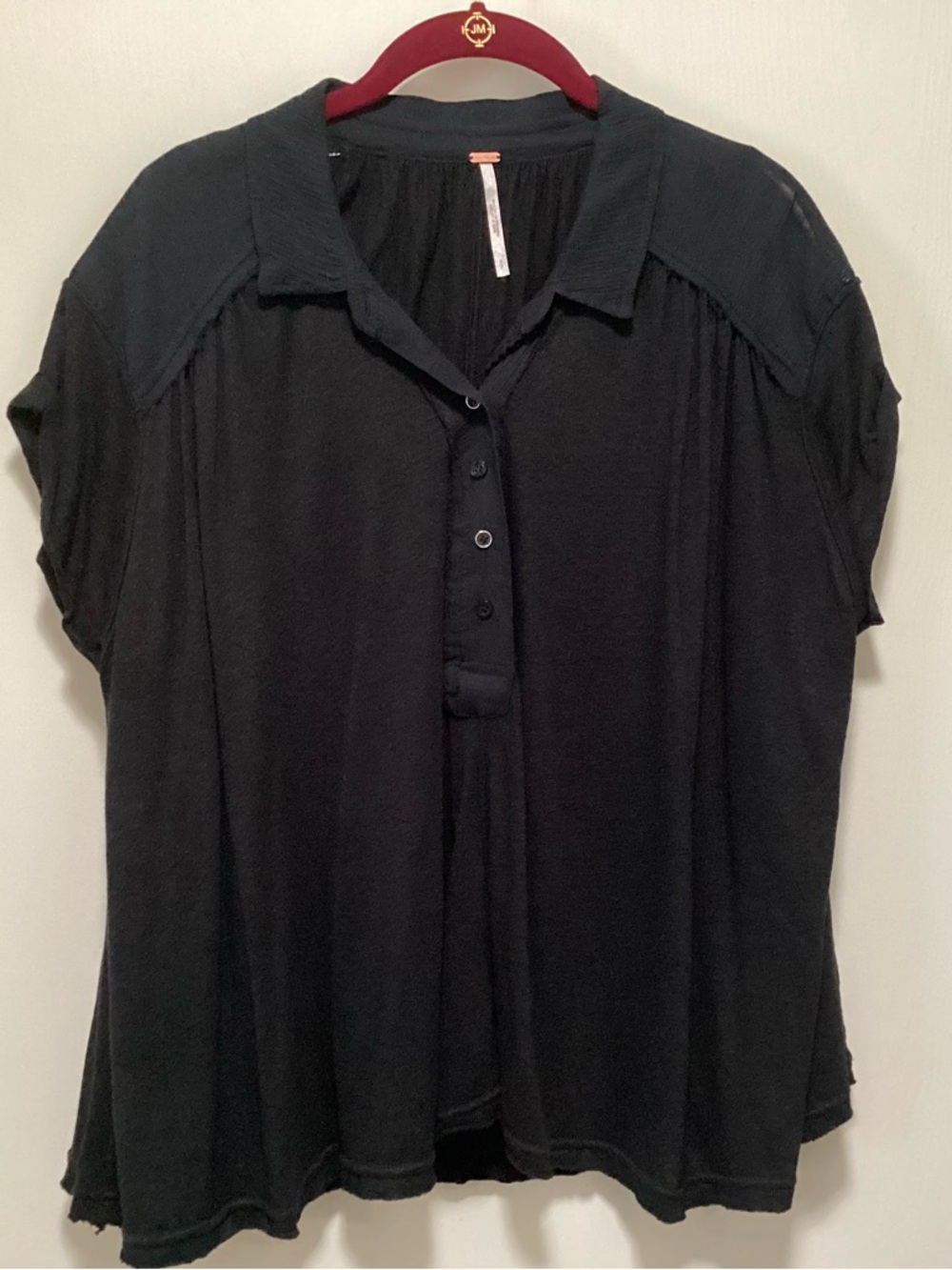 NWOT Free People Black Short-Sleeve Button-Front Blouse